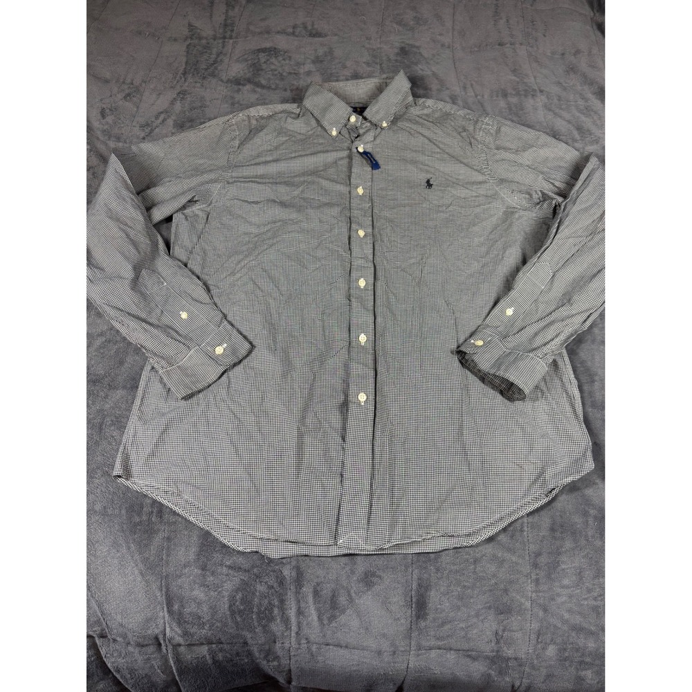 Ralph Lauren Mens Classic Fit Gingham Stretch Button Down Shirt Black White LG